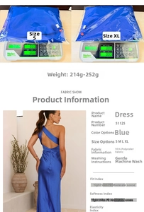 Detail of blue satin evening dress showing 95% polyester fabric texture and backless design
