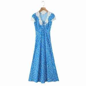 Women French Retro Maxi Dress With Polka Dot Print White Lace Trim V Neck Short Sleeve Elegant Long Flowy Dress