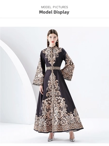 Detail of vintage floral print long dress with flared sleeves and palace style collar