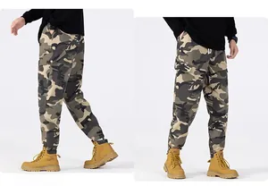 Detail of men's camouflage cargo pants with large side pockets and elastic cuffs