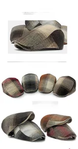 Detail of four gradient herringbone pattern beret hats in retro British style colors