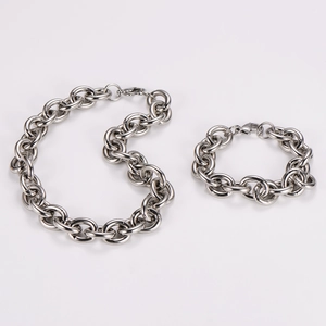 Polished silver stainless steel thick chain link necklace and bracelet jewelry set