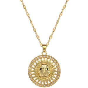 Elegant gold titanium steel sunflower necklace with sparkling crystal inlay on white background