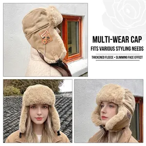 Beige corduroy trapper hat with thick faux fur lining and buckle for winter wind protection