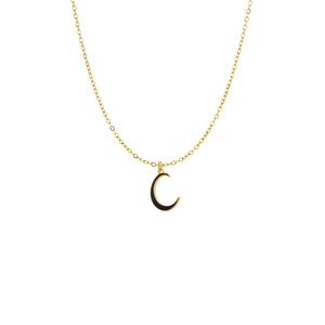 Golden titanium steel necklace featuring a black enamel letter C crescent pendant