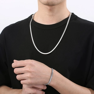Polished silver snake bone chain necklace and bracelet set for men and women