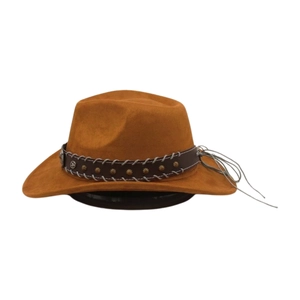 Detail of brown faux suede cowboy hat with studded leather band and star emblem