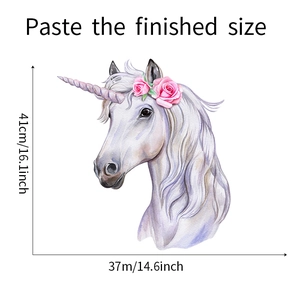 Detailed view of watercolor unicorn wall sticker with dimensions 41cm height and 37cm width