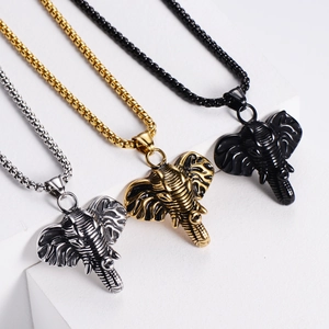 Three elephant pendant necklaces in silver gold and black colors with box chains