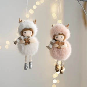 Plush Christmas angel girl ornaments with faux fur and reindeer antlers for tree decoration