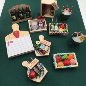 Macro view of miniature wooden wine rack and fruit crates with realistic tiny bottles
