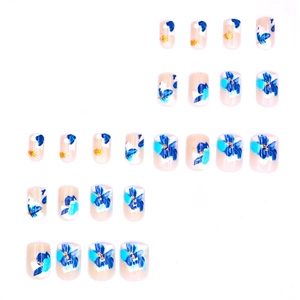 Faux ongles camélia bleu effet marbré, kit de 24 pièces de forme carrée