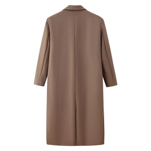 Back view detail of brown wool coat showing vertical seam lines and a center hem vent