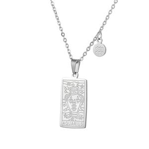 Detail of silver stainless steel Aquarius tarot pendant necklace with zodiac engraving