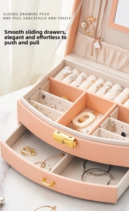 Detail view of pink PU leather jewelry box featuring multi-tier storage and soft velvet lining