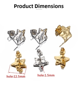 Macro view of 18k gold star earrings with DIY hanging hole and sizing dimensions