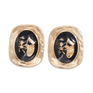 Boucles d'oreilles vintage ovales dorées avec relief de calèche sur émail noir