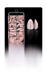 Detailed set of 120 almond French press-on nails with white tips in a clear storage box