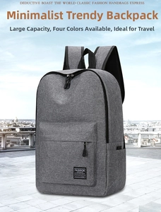 Detail of gray wear-resistant backpack with front zipper pocket and side water bottle holder
