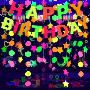 Neon Fluorescent Party Banner Paper Star Circle Streamers Hanging Decorations For Blacklight Birthday Event