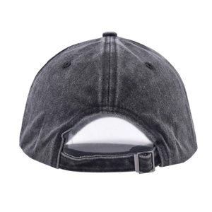Macro detail of charcoal grey washed cotton baseball cap with adjustable metal back buckle