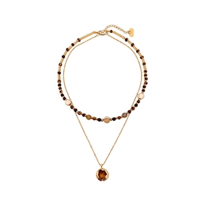 Collier double couche plaqué or 18k avec œil de tigre et perles en style bohème