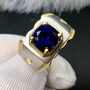 Men Square Blue Gemstone Alloy Ring Gold And Silver Design With Rhinestone Domineering Punk Fashion Finger Jewelry