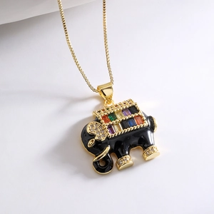 Gold elephant pendant necklace with black enamel and colorful cubic zirconia stones