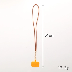 Brown leather neck phone lanyard with 51cm length, golden metal clasp and orange patch