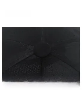 Macro shot of the black baseball cap top crown with durable stitching and central button