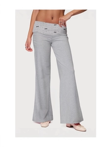 Women's grey wide-leg lounge pants featuring a stylish fold-over waistband with X pattern