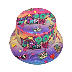 90s retro reversible bucket hat featuring vibrant pop art prints and colorful gradients