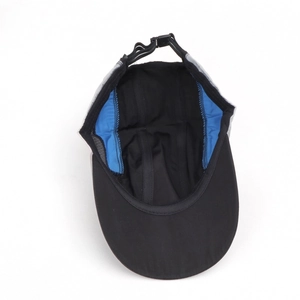 Detail of adjustable strap and breathable blue mesh lining on quick-dry baseball cap