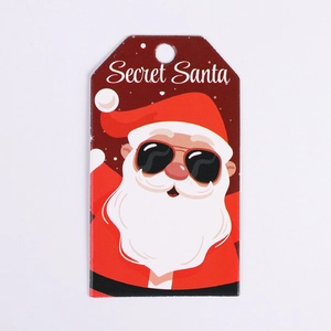 Red Secret Santa Christmas gift tag with cartoon Santa Claus and white text detail