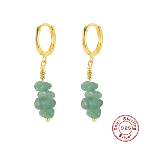 Minimalist gold-plated 925 silver hoop earrings featuring irregular green natural stones