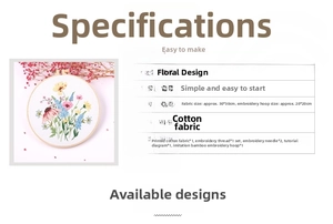 Detail view of DIY embroidery kit components with fabric, hoop, threads and needles