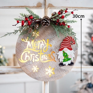 Merry Christmas Wooden LED Hanging Sign Round Wood Plaque With Pine Cones Berries For Door Wall Xmas Decoration Festive Ornament