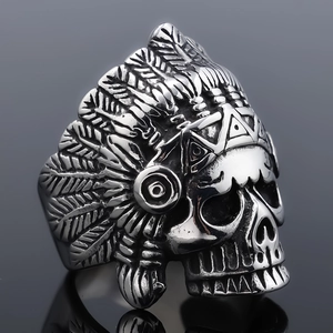 Vintage silver skull ring with feather headdress design and detailed steel carving