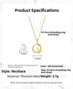 Detail showing irregular gold circle pendant with natural pearl and size measurements
