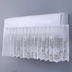 Close-up of white lace air conditioner cover with floral patterns and wavy edges