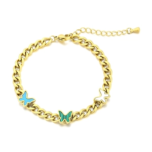 Vintage gold Cuban chain bracelet with green and blue enamel butterfly charms and pearls