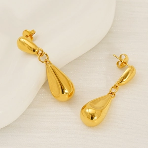 Polished 18K gold-plated stainless steel double teardrop dangle earrings for women