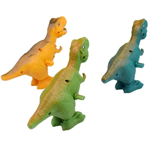 Three-piece wind-up dinosaur toy set in orange green and cyan blue plastic