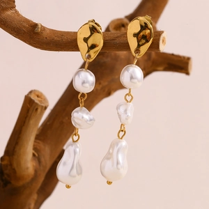 French style 18K gold plated stainless steel irregular earrings with 3 faux pearls