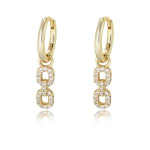 Close-up of gold S925 silver earrings with double-chain link and pavé cubic zirconia
