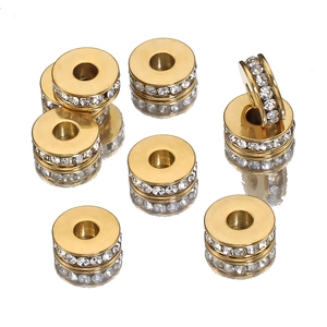 Stainless Steel Gold Plated Flat Spacer Beads Round Inlaid Rhinestone Loose Beads For DIY Necklace Bracelet Making Jewelry Accessories