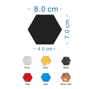 Detailed size chart for hexagonal acrylic mirror wall stickers in 6 vibrant colors