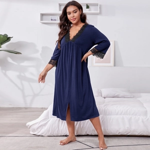 Women's V-neck nightgown in navy blue with black lace trim and soft knit fabric