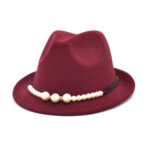 Women Elegant Woolen Felt Fedora Hat Vintage Jazz Hat With Faux Pearl Rhinestone Band Short Brim Warm Church Party Dress Cap