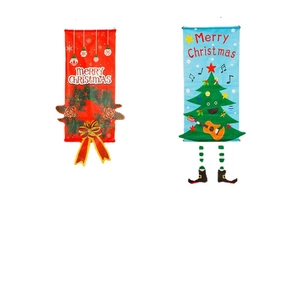 Set of 2 decorative Christmas fabric banners featuring wreaths and festive designs